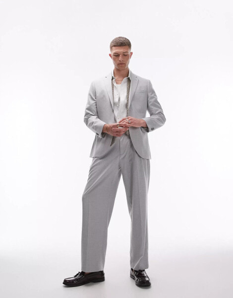 Topman wide leg linen blend suit trouser in grey