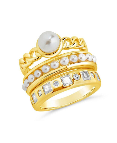 Cubic Zirconia Genuine Shell Pearl Kimber Stacking 3 Piece Ring Set