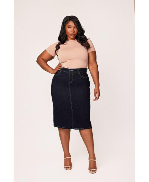 Plus Size Denim Midi Skirt with Side Vent