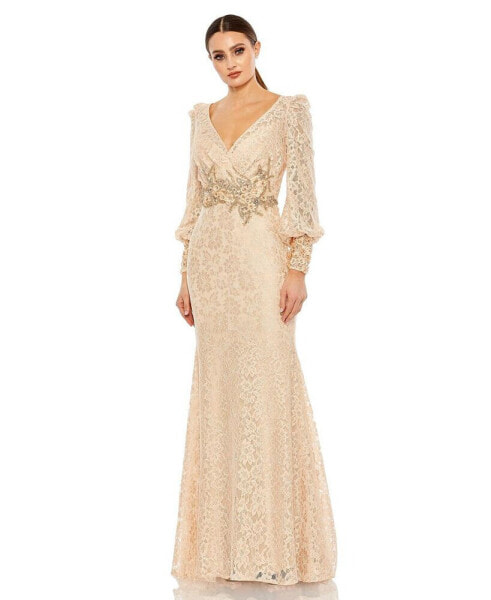 Women's Lace Long Sleeve V Neck Embellished Gown