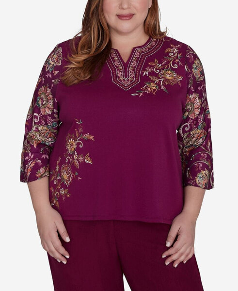 Plus Size Wine Country Embroidered Floral Sleeve Split Neck Top