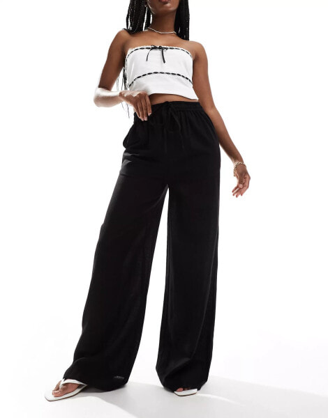 In The Style linen blend wide leg drawstring trousers in black