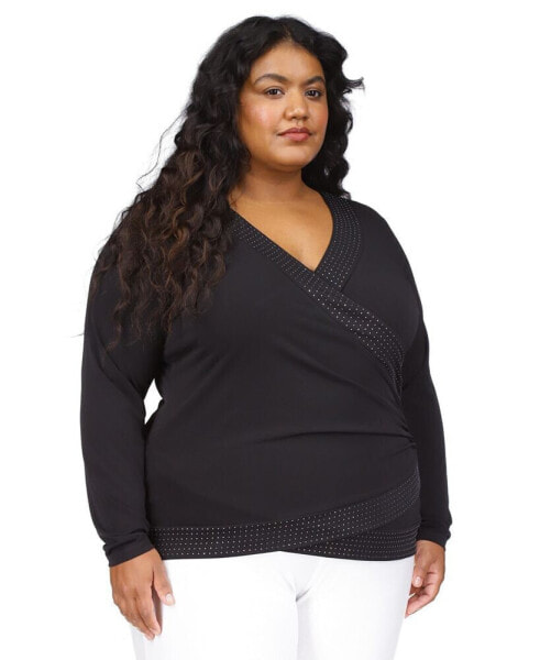 Plus Size Rhinestone-Trim Crossover Top