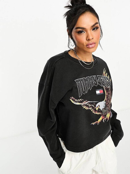 Tommy Jeans relaxed cropped vintage eagle crew neck sweatshirt in black