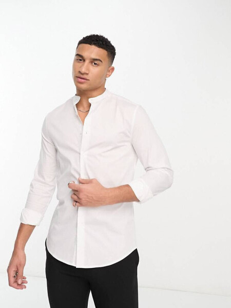 ASOS DESIGN easy iron slim fit poplin shirt with grandad collar in white