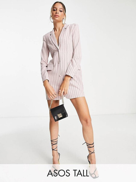 ASOS DESIGN Tall  fitted blazer mini dress with shoulder pads in pink pinstripe