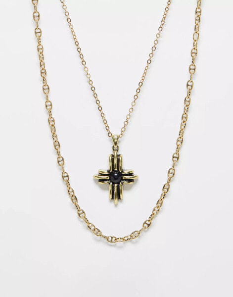 Reclaimed Vintage 2 row square cross necklace in burnished gold chain