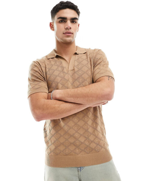 Brave Soul textured knit trophy neck polo in tan