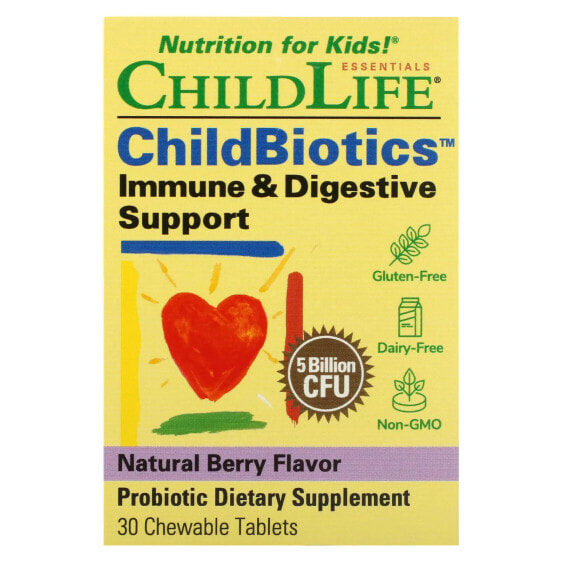 Детский пробиотик ChildLife Essentials, иммунно-пищевая поддержка, натуральная ягода, 5 миллиардов КОЕ, 30 жевательных таблеток