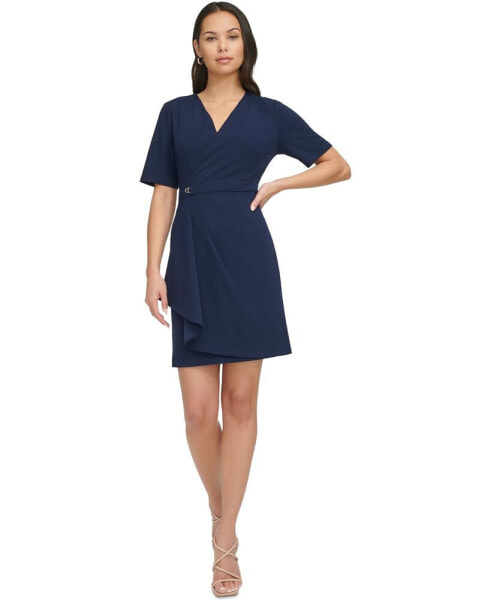 Women's Short-Sleeve Faux-Wrap Sheath Dress