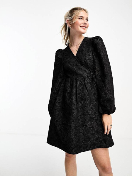 Monki long sleeve jacquard print mini dress in black