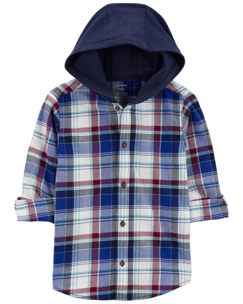 Kid Plaid Hooded Button-Front Shirt 6