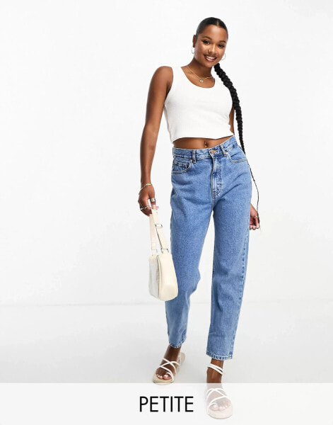 Pull&Bear Petite high waisted mom jeans in mid blue