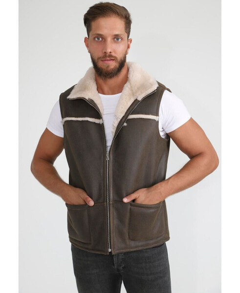 Men's Sheepskin Waistcoat, Vintage Like Nut with Beige Curly Wool