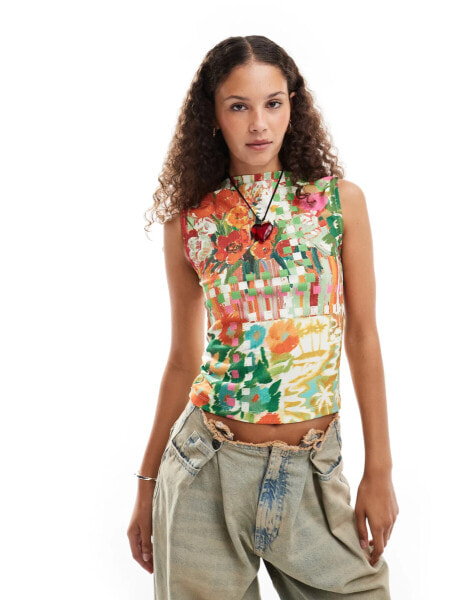 Reclaimed Vintage high neck textured top in abstract floral print