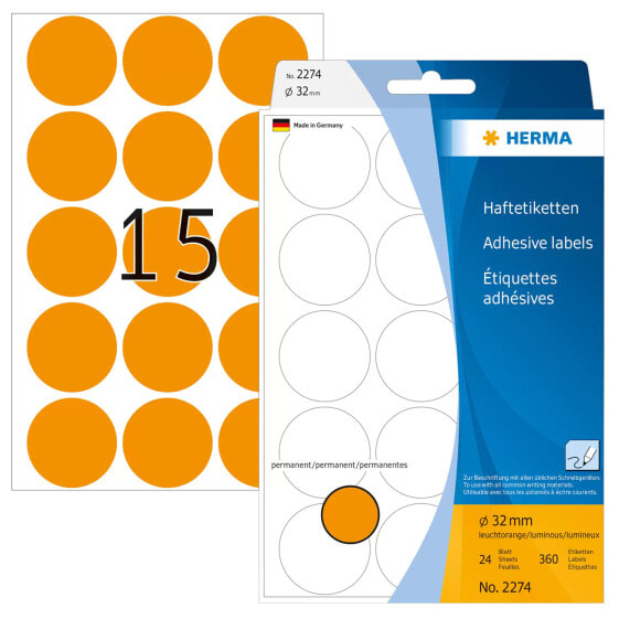 HERMA Multi-purpose labels/colour dots Ø 32 mm round luminous orange paper matt hand inscription 360 pcs. - Orange - Circle - Cellulose - Paper - Germany - 32 mm - 32 mm