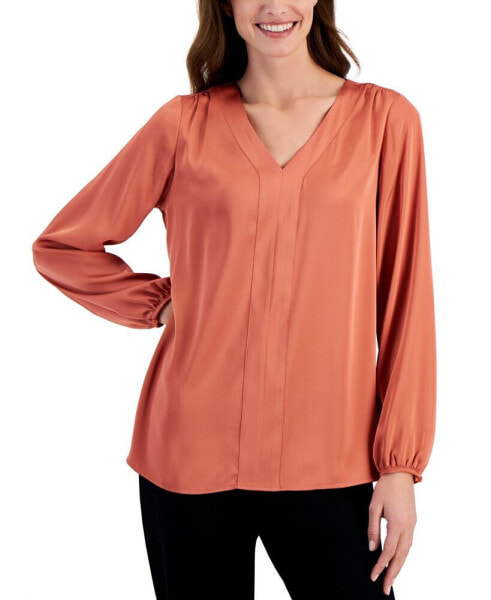 Petite V-Neck Solid-Placket Satin Top, Created for Macy's