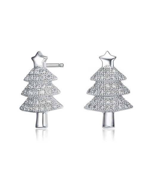 Sterling Silver with Rhodium Plated Clear Round Cubic Zirconia Pave Christmas Tree Earrings