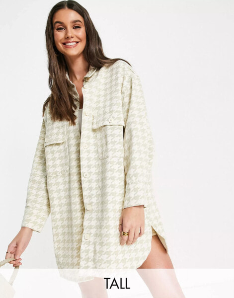 Missguided Tall – Oversize-Hemd mit beigem Hahnentrittmuster, Kombiteil