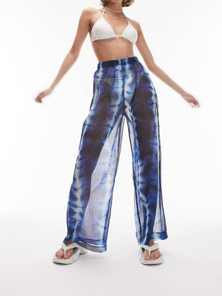 Topshop Petite batik print chiffon beach trouser in blue 