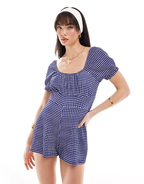 Wednesday's Girl gingham bardot detail playsuit in blue