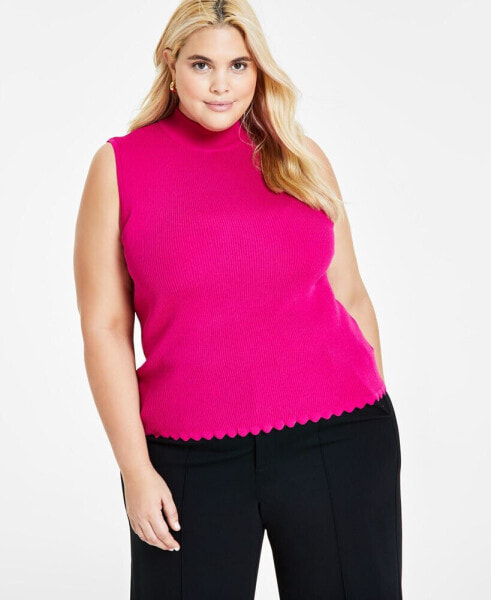 Plus Size Mock-Neck Ribbed Scalloped-Hem Top, Created for Macy's
