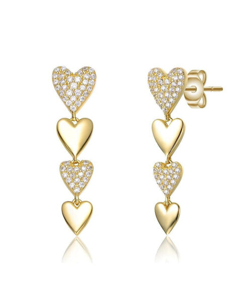 Sterling Silver 14k Yellow Gold Plated with Cubic Zirconia Double Stampato Heart Dangle Earrings