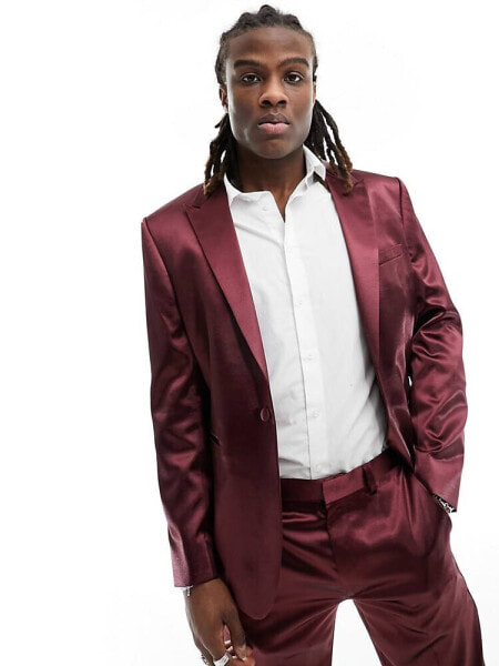 ASOS DESIGN skinny satin suit jacket in burgundy