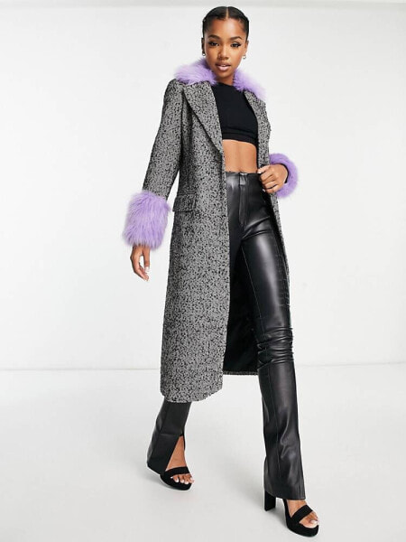 Miss Selfridge faux fur collar and shoulder herringone longline coat 