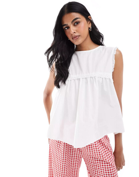 ASOS DESIGN cotton lace trim sleeveless blouse in white