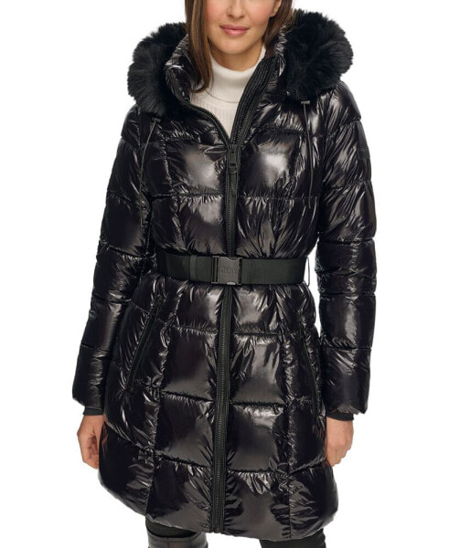 Women's Belted Faux-Fur-Trim Hooded Puffer Coat