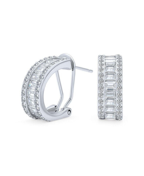 Holiday Baguette CZ Half Hoop Shrimp Style Earrings For Women Omega Back Sterling Silver