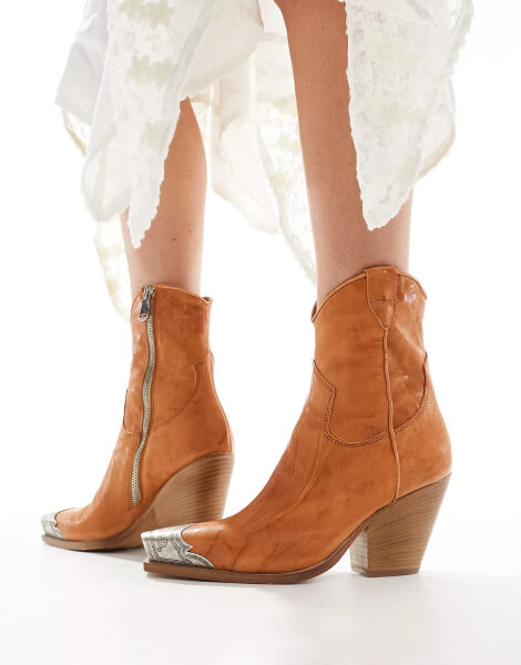 Free People brayden leather western boots with toecap in deep tan