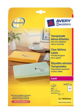 Avery Zweckform Avery L4772-25 - Transparent - Polyester - Laser - 99.1 x 42.3 mm - 300 pc(s)