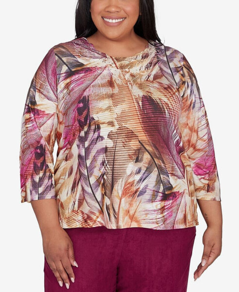 Plus Size Wine Country Feather Print Lace Detailed Crew Neck Top