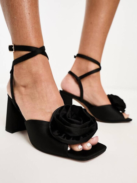 ASOS DESIGN Heather corsage detail mid heeled sandals in black