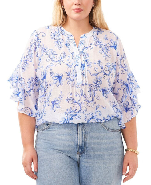 Plus Size Printed Pintuck Flutter 3/4-Sleeve Blouse