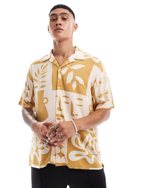 Jack & Jones oversized revere collar floral printed shirt in mustard