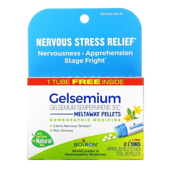 Gelsemium, Nervous Stress Relief, Meltaway Pellets, 30C, 3 Tubes, Approx. 80 Pellets Each