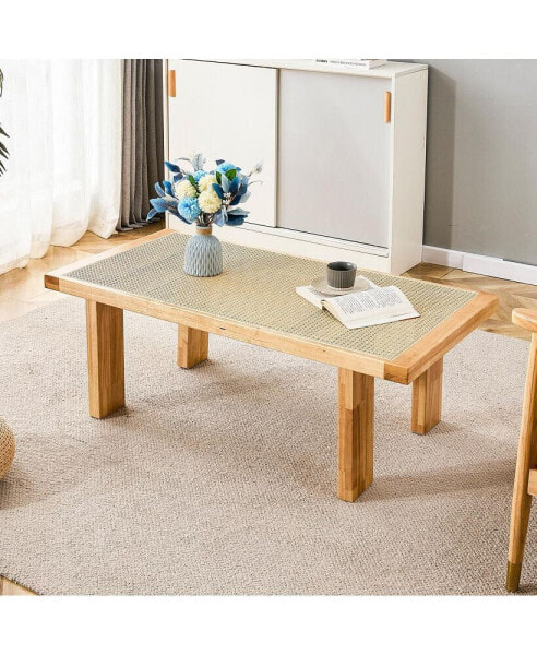 Rectangular Rattan Table with Wooden Legs