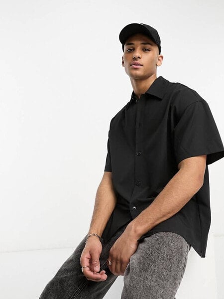 Jack & Jones Originals oversized clean revere collar shirt in black 