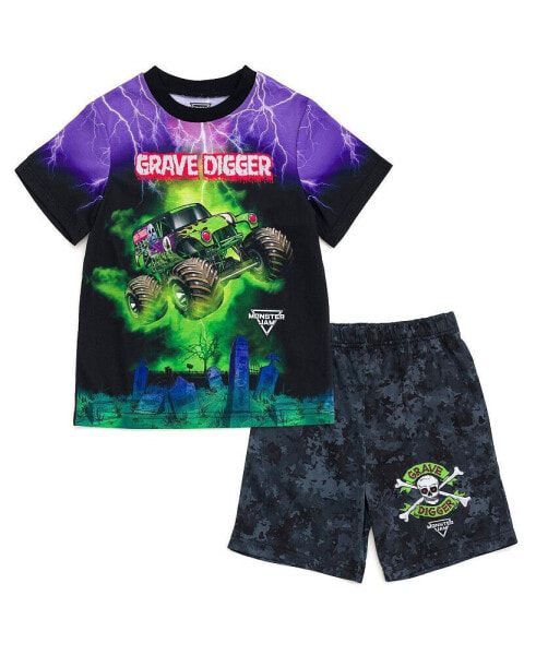 Boys Pullover Pajama Shirt and Shorts Sleep Set to Grave Digger El Toro Loco Megalodon