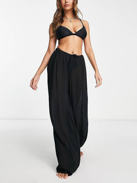 ASOS DESIGN drawstring palazzo beach trouser in black