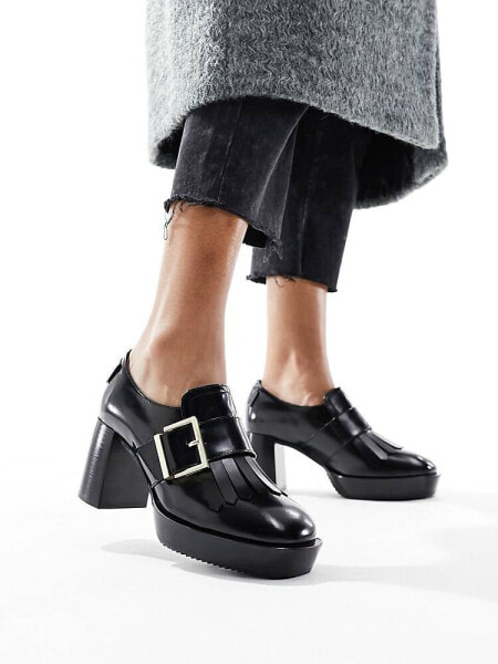 AllSaints Zia high shine leather heeled loafer in black