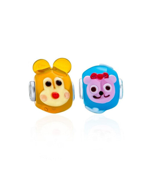 Set of 2 Colorful 3D Cartoon Mother Daughter Teddy Bear Glass Charms Bead Lamp Work Fits European Charm Bracelet Murano Glass Sterling Silver Core