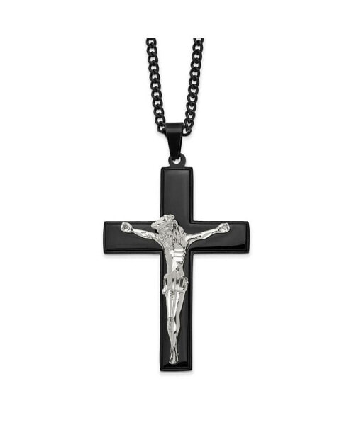 Chisel polished Black IP-plated Crucifix Pendant Curb Chain Necklace