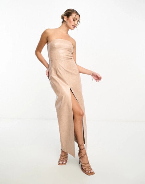 Miss Selfridge vinyl faux leather bandeau maxi dress in taupe