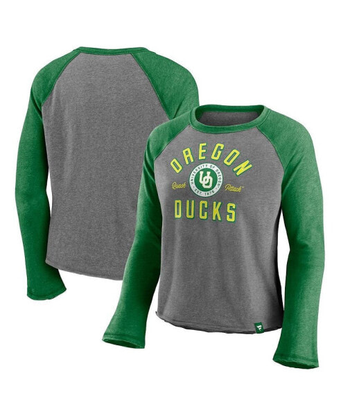 Women's Majestic Heathered Gray, Heathered Green Oregon Ducks Competitive Edge Cropped Raglan Long Sleeve T-shirt