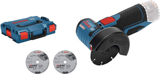 Bosch Professional 12V system battery angle grinder (3 cutting discs, without batteries and charger, in L-Boxx), black, blue, red, disc diameter: 76 mm.