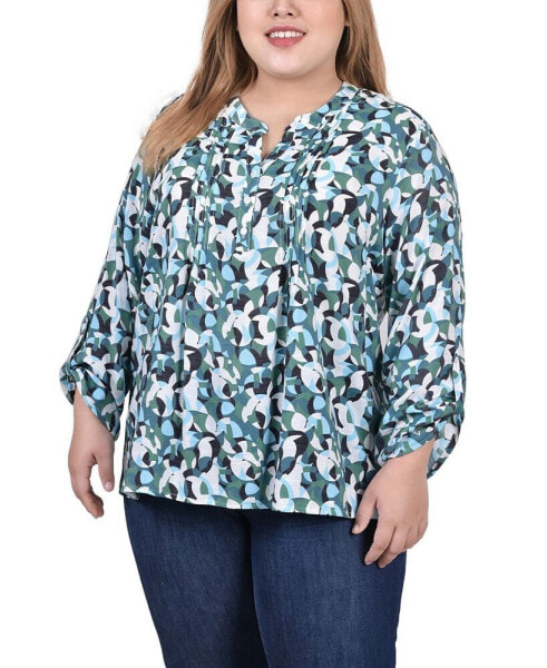 Plus Size Long Roll Tab Sleeve Pintuck Front Blouse